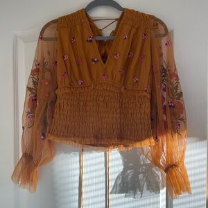 Anthropologie Mustard Embroidered Blouse with Sheer Sleeves